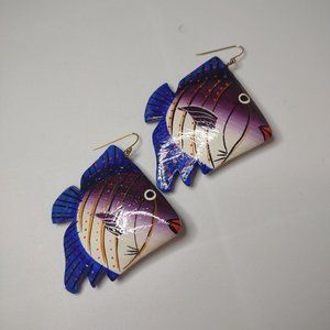 Vintage Very Lightweight Blue And Purple Painted Wooden Large Fish Earrings